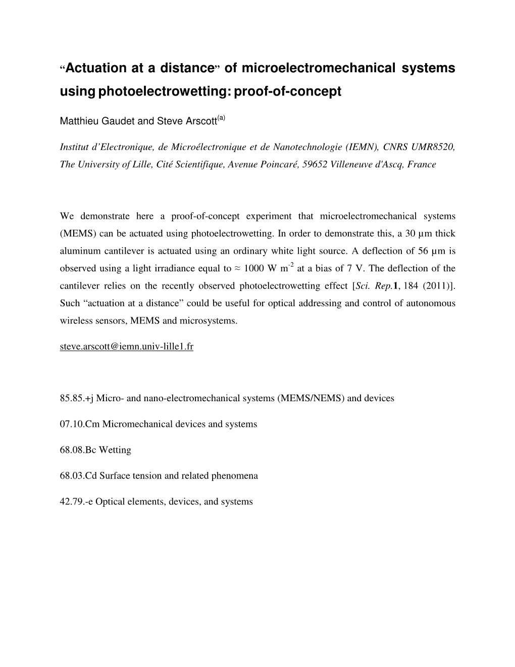 Actuation at a Distance ” of Microelectromechanical Systems Using Photoelectrowetting: Proof-Of-Concept