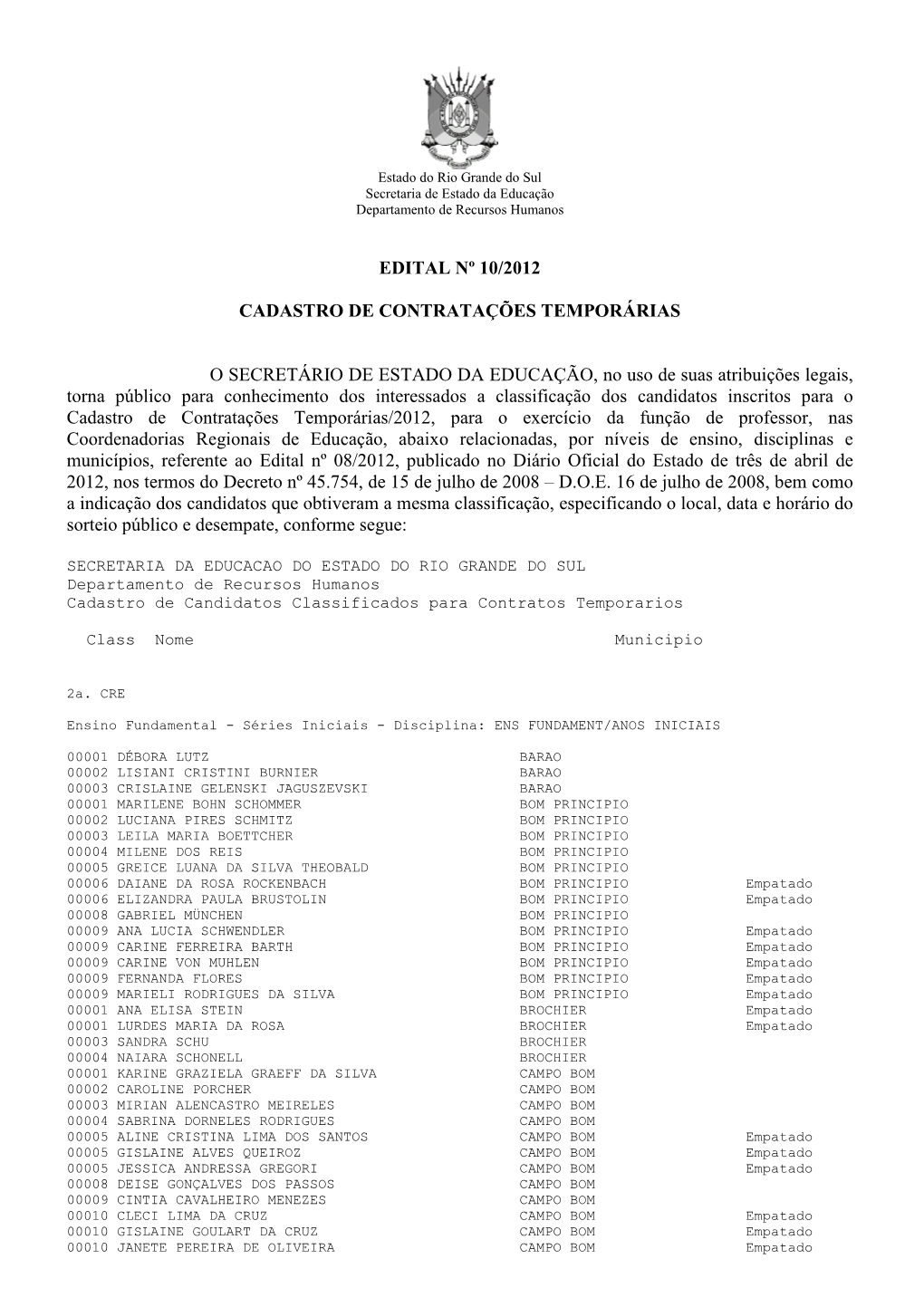 EDITAL 10 2012 Classificacao Com Empate Prof