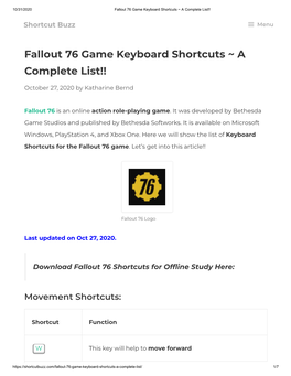 Fallout 76 Game Keyboard Shortcuts ~ a Complete List!!