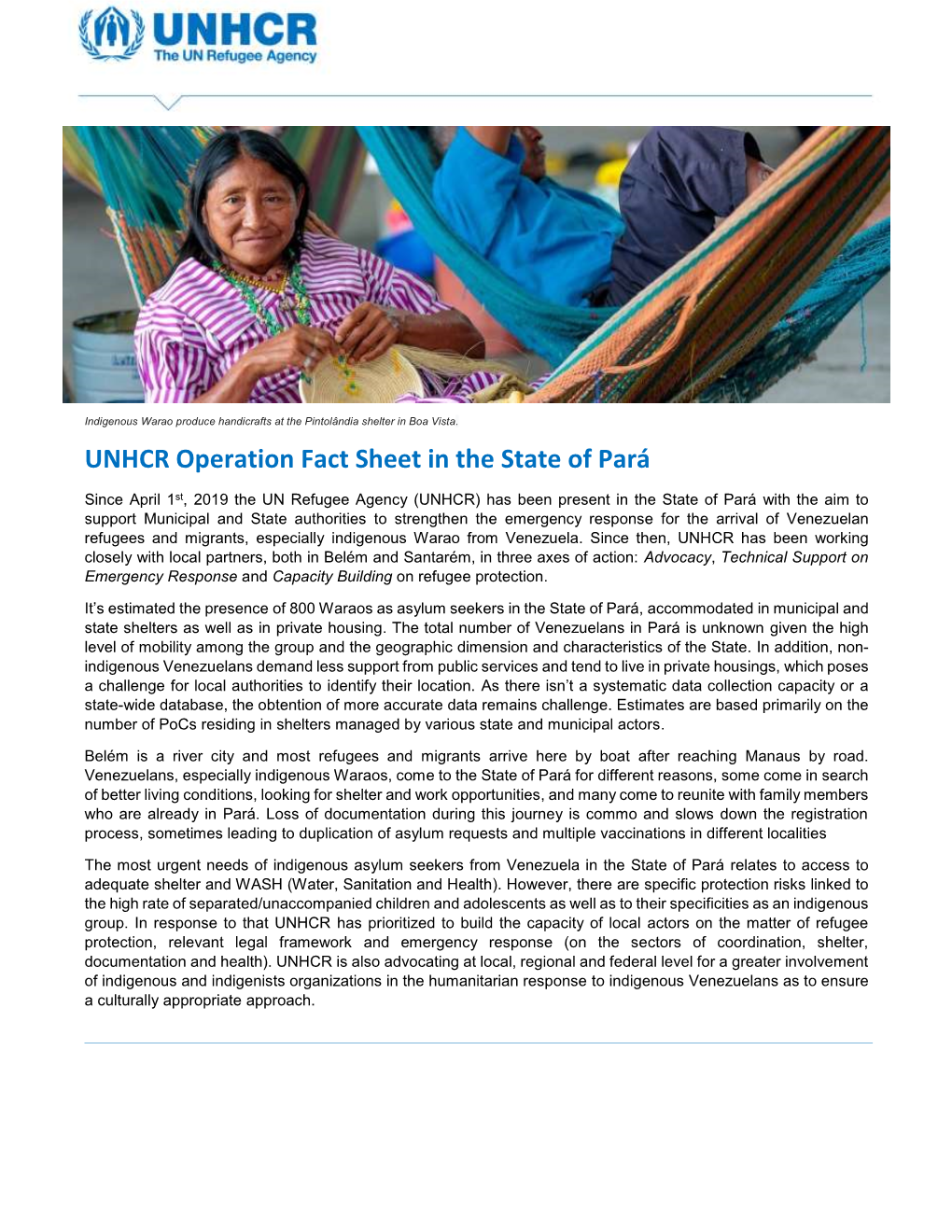 UNHCR Operation Fact Sheet in the State of Pará