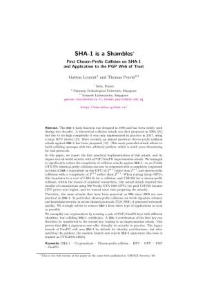 SHA-1 Is a Shambles∗ First Chosen-Preﬁx Collision on SHA-1 and Application to the PGP Web of Trust