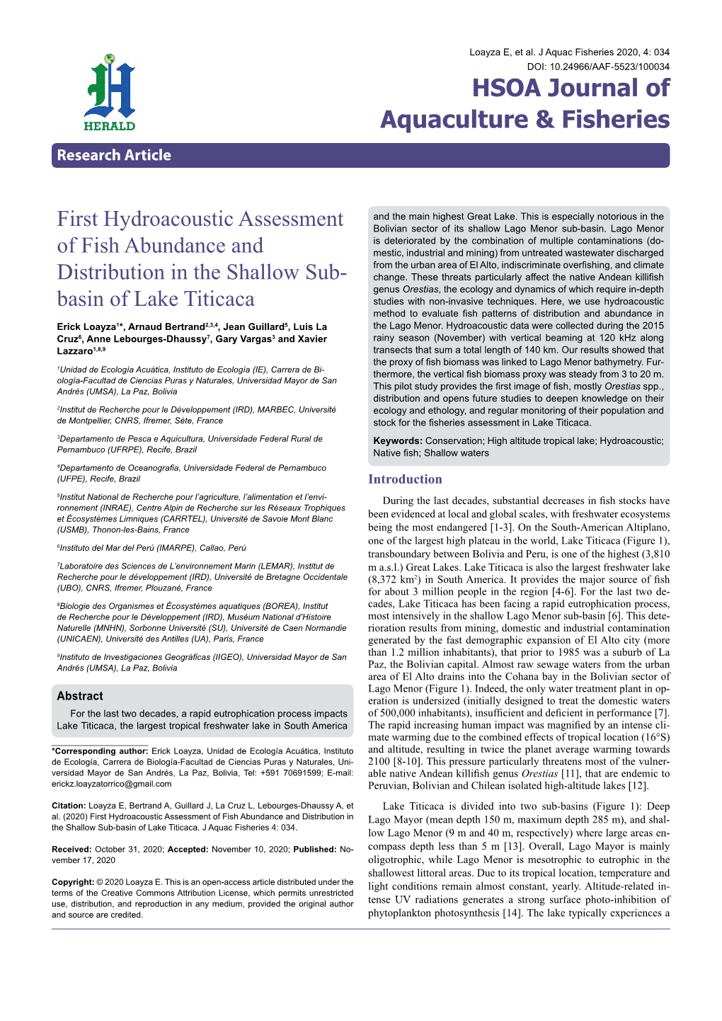 Basin of Lake Titicaca Method to Evaluate Fish Patterns of Distribution and Abundance in Erick Loayza1*, Arnaud Bertrand2,3,4, Jean Guillard5, Luis La the Lago Menor