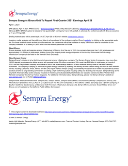Sempra Energy's Ienova Unit to Report First-Quarter 2021 Earnings April 28