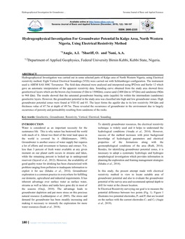 Hydrogeophysical Investigation for Groundwater Potential in Kalgo Area, North Western Nigeria, Using Electrical Resistivity Method