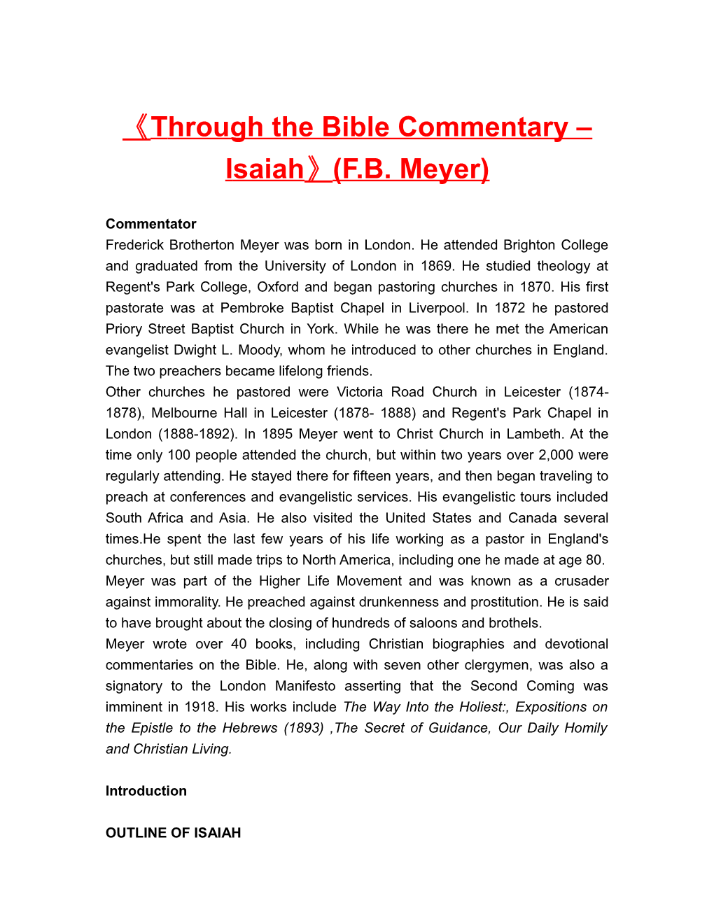 Through the Bible Commentary Isaiah (F.B. Meyer)