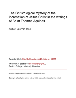 The Christological Mystery of the Incarnation of Jesus Christ in the Writings of Saint Thomas Aquinas