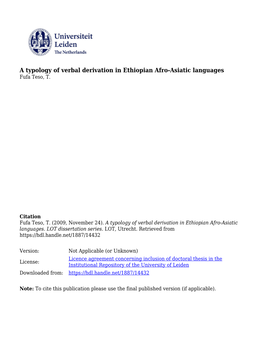 A Typology of Verbal Derivation in Ethiopian Afro-Asiatic Languages Fufa Teso, T