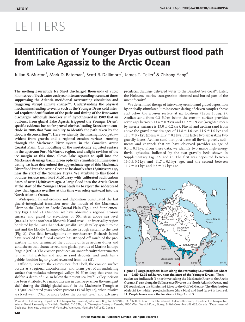 Identification of Younger Dryas Outburst Flood Path from Lake Agassiz to the Arctic Ocean