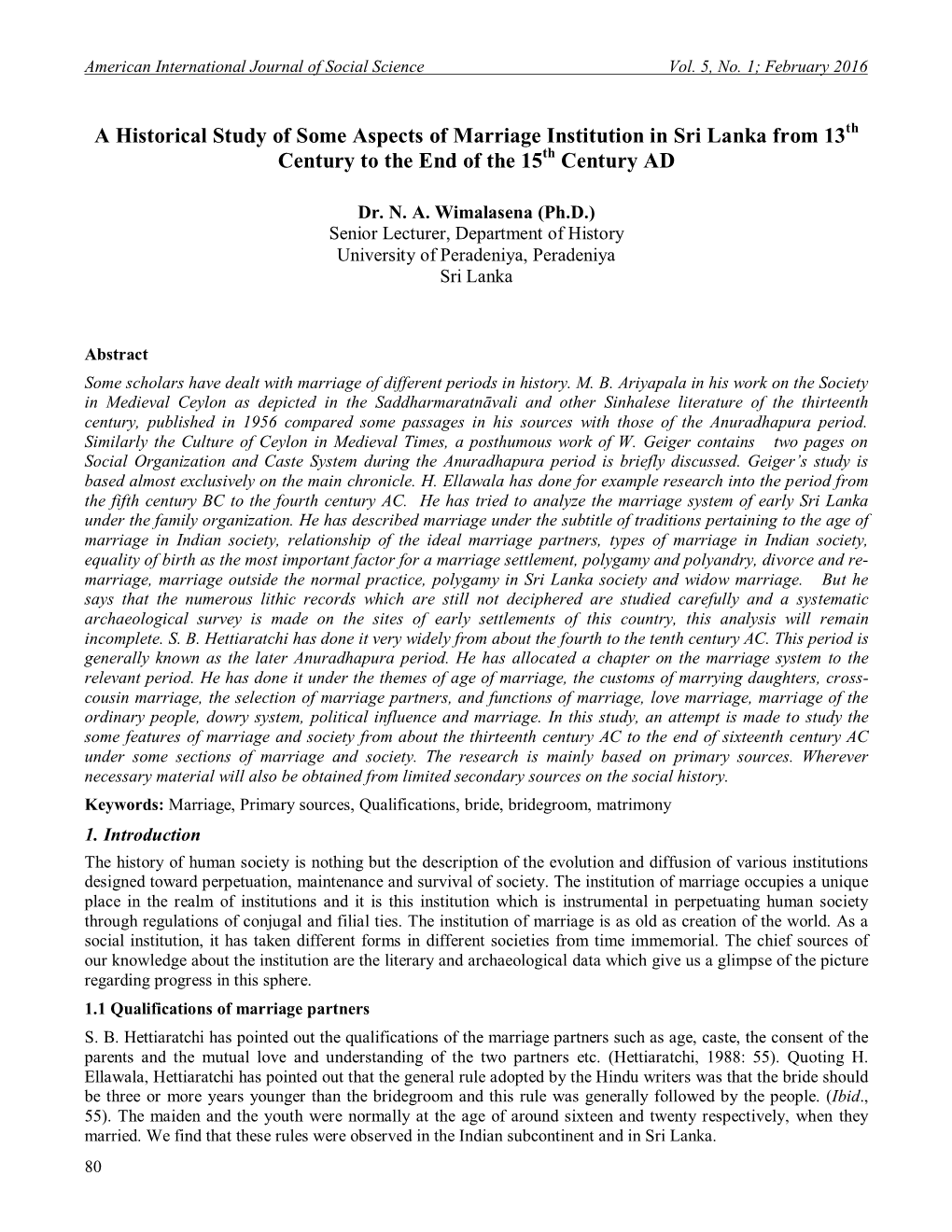 A Historical Study of Some Aspects of Marriage Institution in Sri Lanka from 13Th Century to the End of the 15Th Century AD