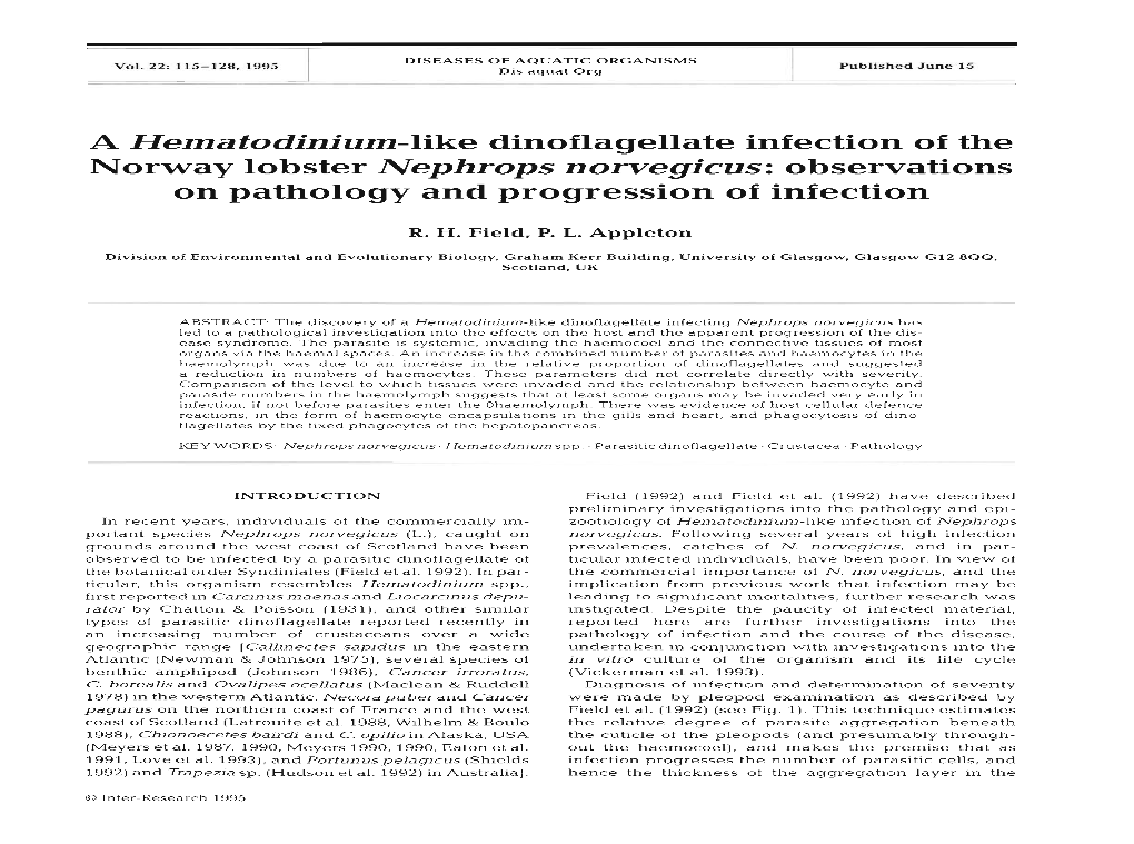 A Hematodinium-Like Dinoflagellate Infection of the Norway Lobster Nephrops Norvegicus: Observations on Pathology and Progression of Infection