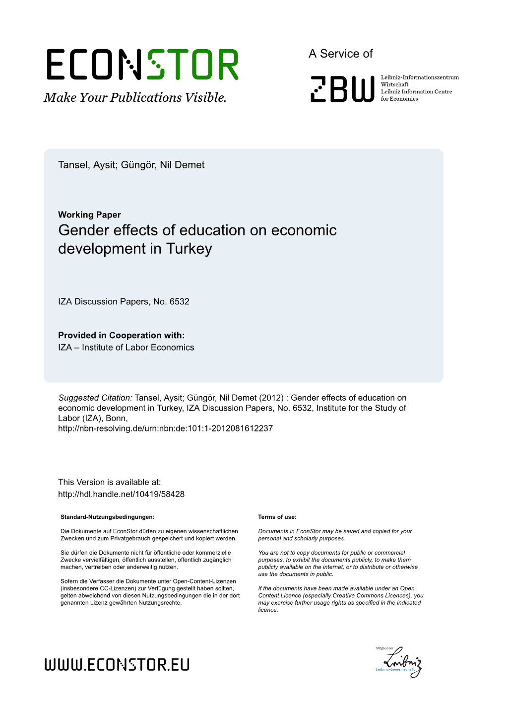 Gender Effects of Education on Economic Development in Turkey