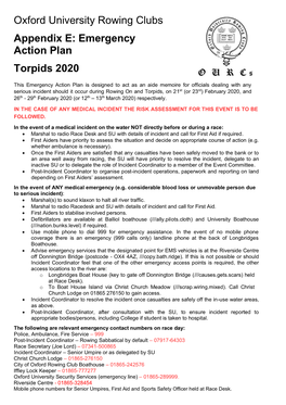Oxford University Rowing Clubs Appendix E: Emergency Action Plan Torpids 2020