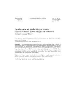 Development of Insulated Gate Bipolar Transistor-Based Power Supply for Elemental Copper Vapour Laser