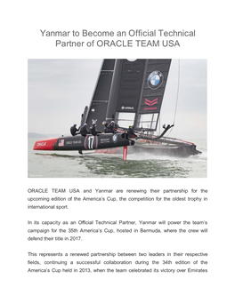 Yanmar to Become an Official Technical Partner of ORACLE TEAM USA