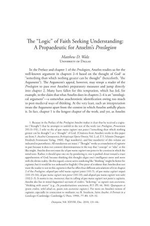 Of Faith Seeking Understanding: a Propaedeutic for Anselm's Proslogion
