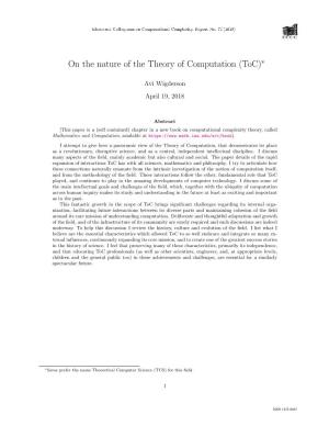 On the Nature of the Theory of Computation (Toc)∗