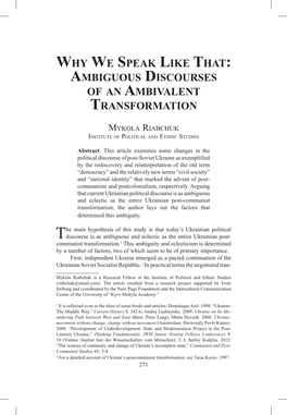 Ambiguous Discourses of an Ambivalent Transformation