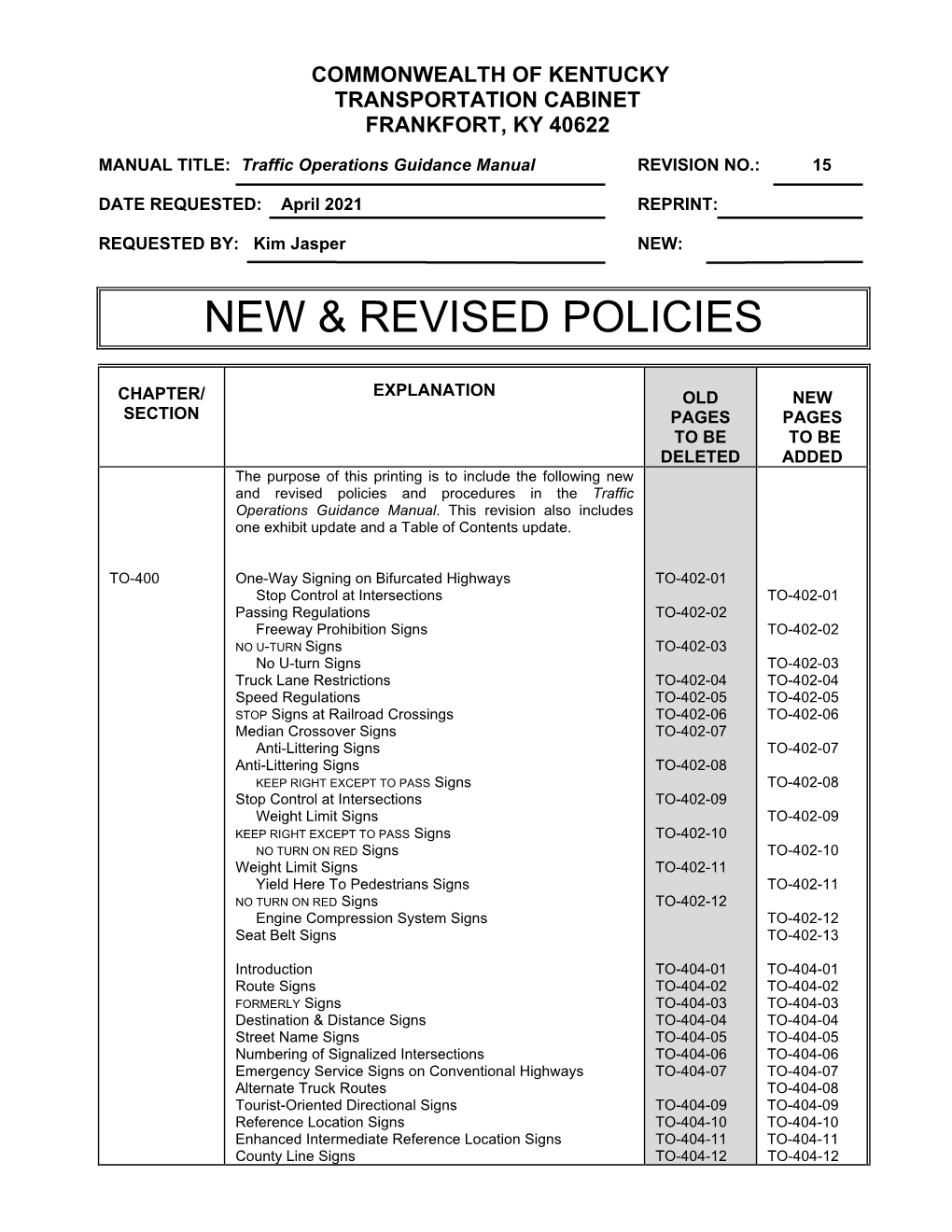 Traffic Operations Guidance Manual REVISION NO.: 15