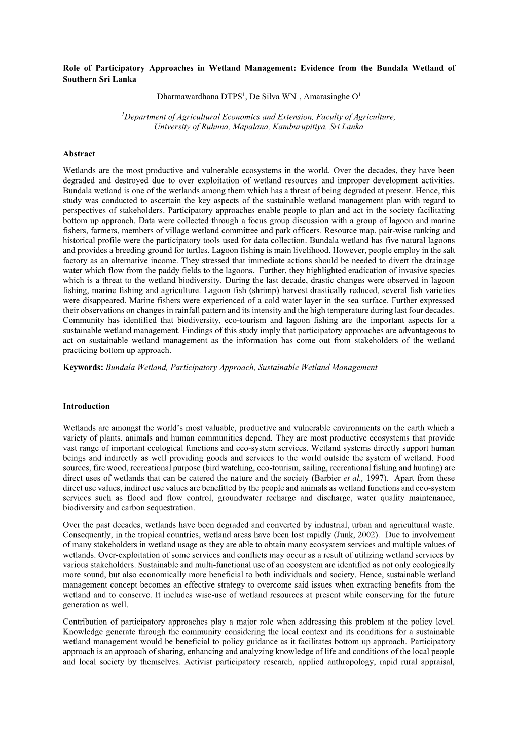 Role of Participatory Approaches in Wetland Management: Evidence from the Bundala Wetland of Southern Sri Lanka