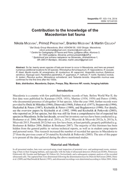 Contribution to the Knowledge of the Macedonian Bat Fauna