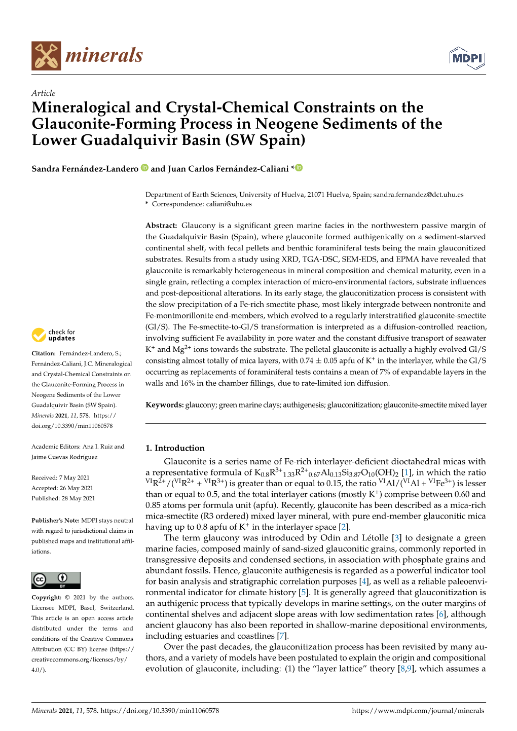 Mineralogical and Crystal-Chemical Constraints on the Glauconite-Forming Process in Neogene Sediments of the Lower Guadalquivir Basin (SW Spain)