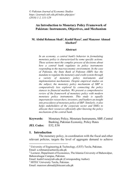 An Introduction to Monetary Policy Framework of Pakistan: Instruments, Objectives, and Mechanism