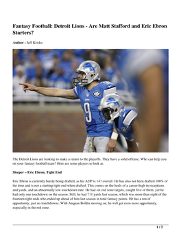 Fantasy Football: Detroit Lions &#8211; Are Matt Stafford and Eric