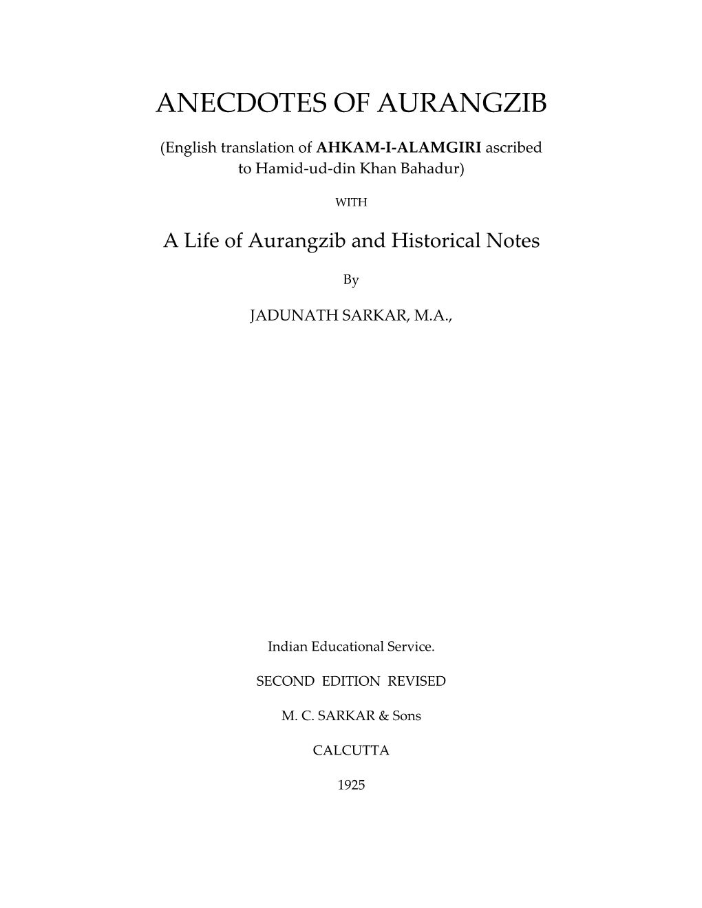 Anecdotes of Aurangzib