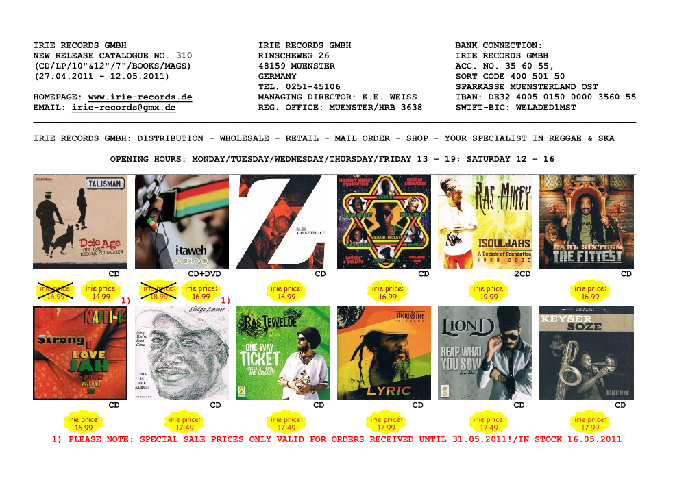 New Release Catalogue No. 310 Rinscheweg 26 Irie Records Gmbh (Cd/Lp/10