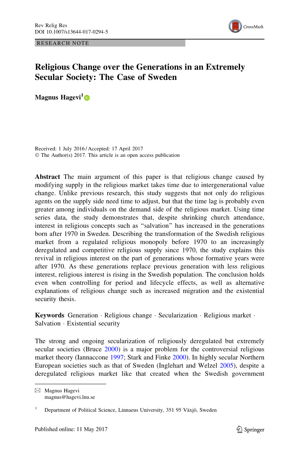 Religious Change Over the Generations in an Extremely Secular Society: the Case of Sweden