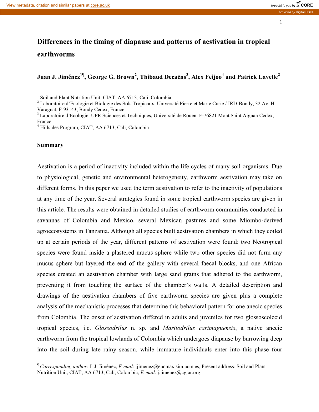 Patterns of Aestivation in Tropical Earthworms