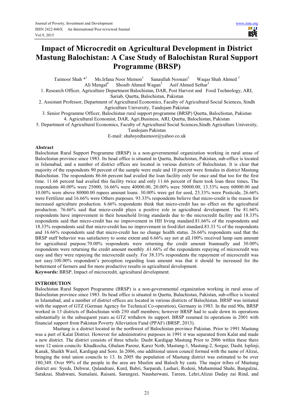 Impact of Microcredit on Agricultural Development in District Mastung Balochistan: a Case Study of Balochistan Rural Support Programme (BRSP)