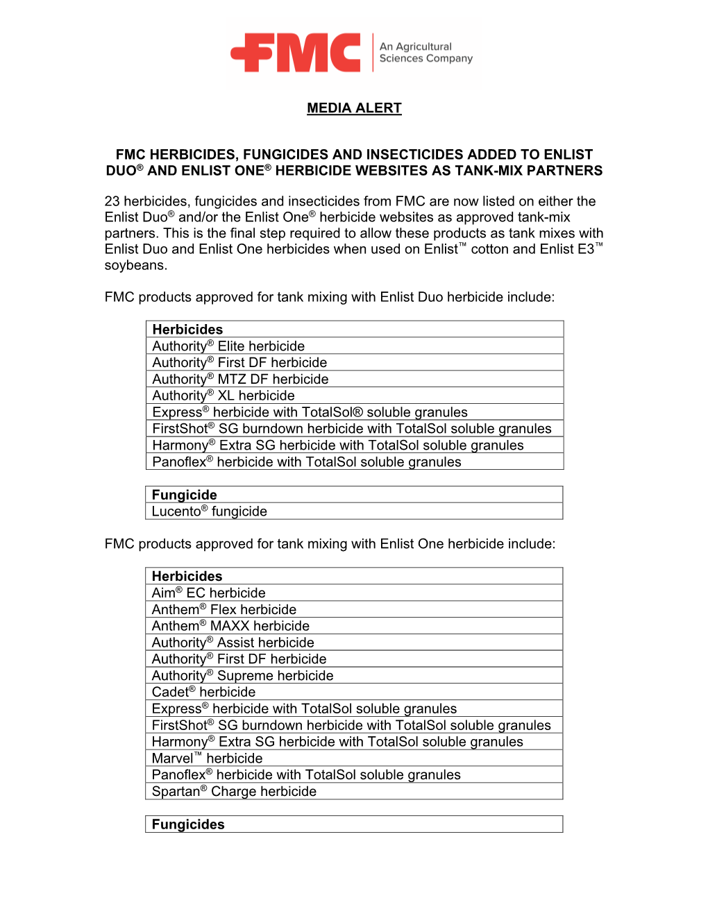 Media Alert Fmc Herbicides, Fungicides and Insecticides Added to Enlist Duo® and Enlist One® Herbicide Websites As Tank-Mix P