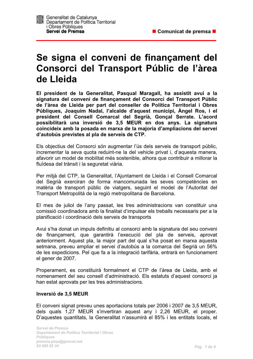 Se Signa El Conveni De Finançament Del Consorci Del Transport Públic De L’Àrea De Lleida