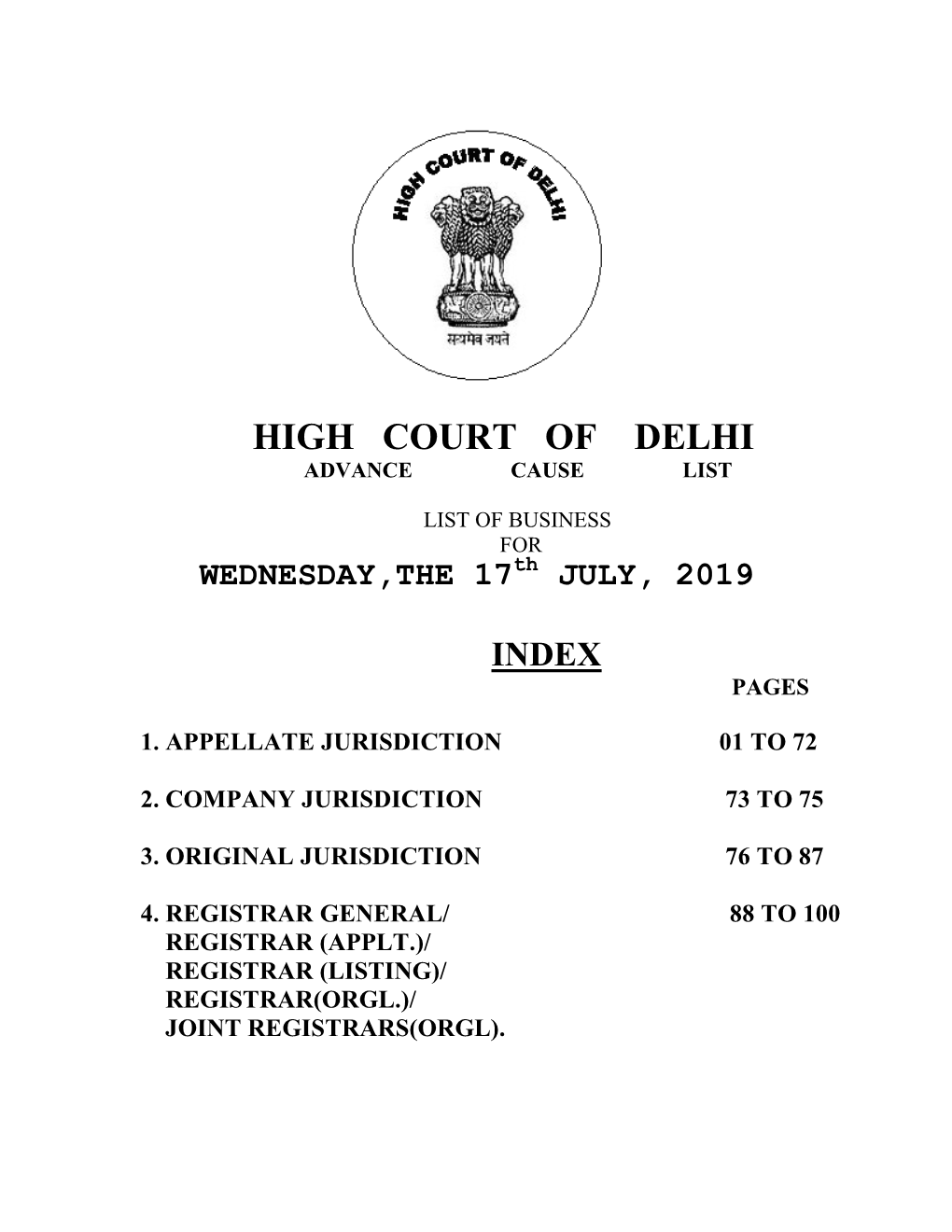 High Court of Delhi Advance Cause List