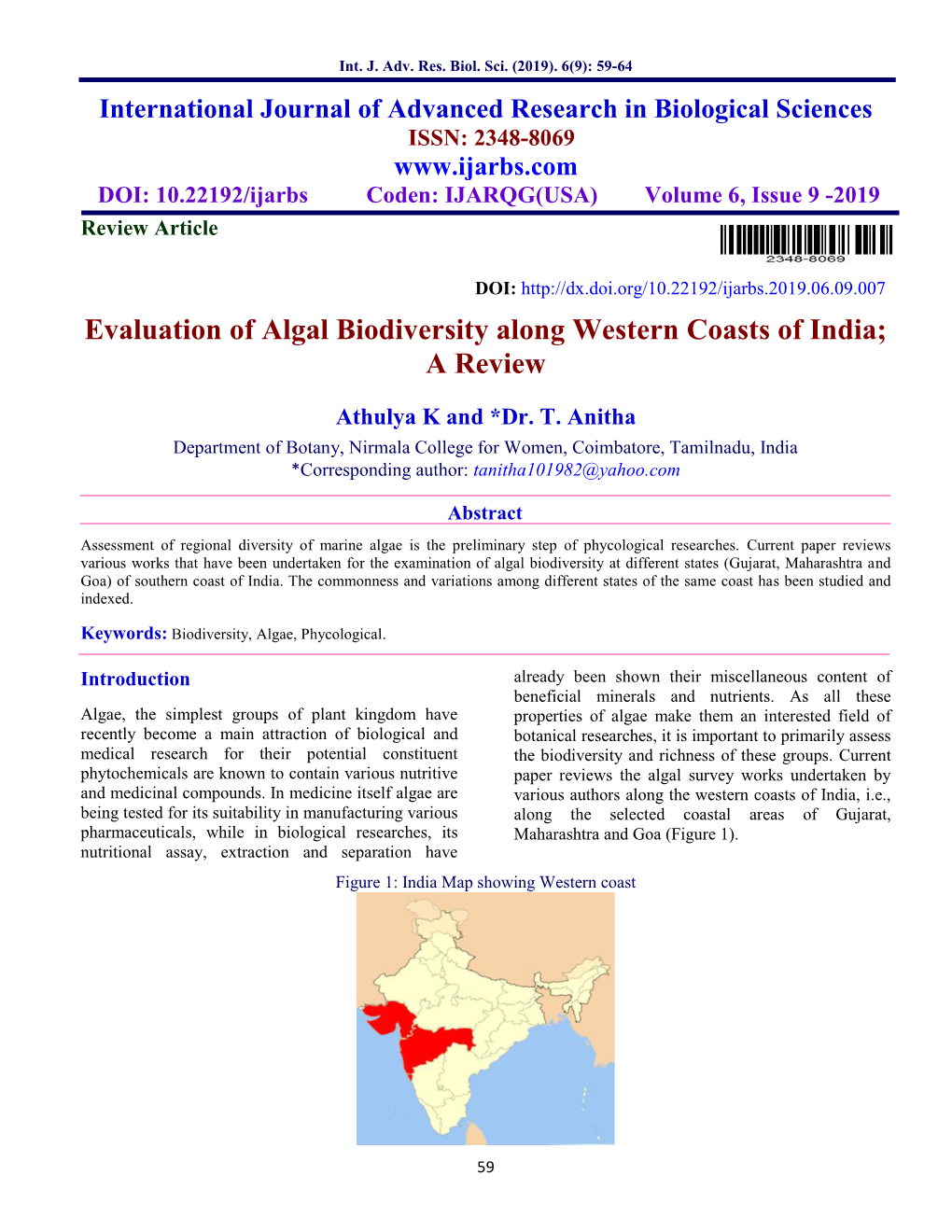 Evaluation of Algal Biodiversity Along Western Coasts of India; a Review