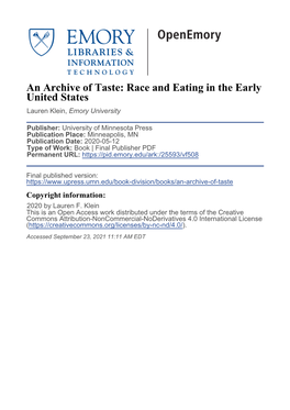 An Archive of Taste: Race and Eating in the Early United States Lauren Klein, Emory University