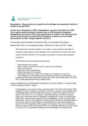 Bangladesh – Researched and Compiled by the Refugee Documentation Centre of Ireland on 29 April 2011