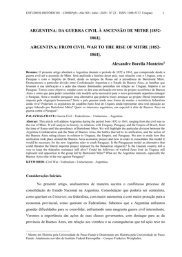 ARGENTINA: DA GUERRA CIVIL À ASCENSÃO DE MITRE [1852- 1861]. ARGENTINA: from CIVIL WAR to the RISE of MITRE [1852- 1861]. Alex