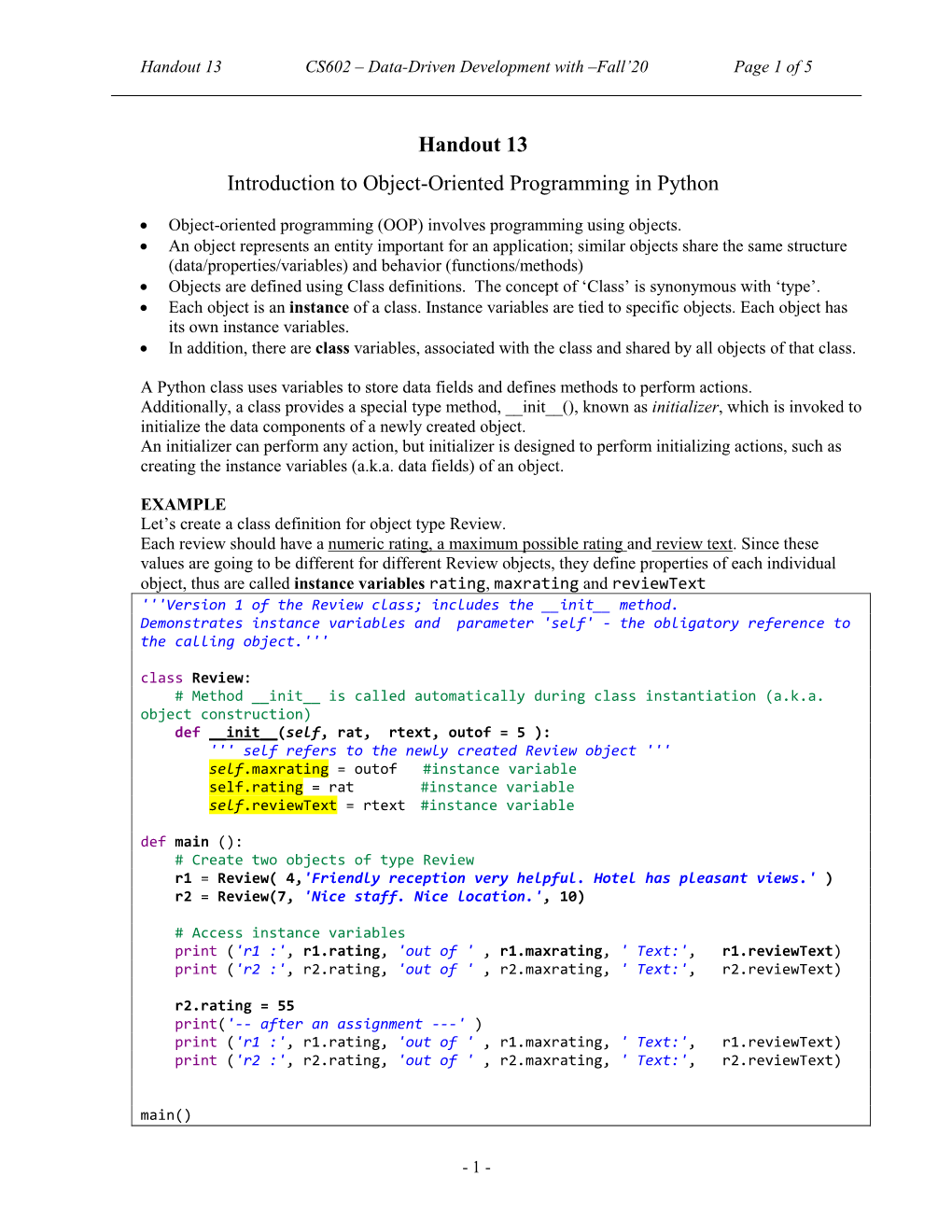 Handout 13 Introduction to Object-Oriented Programming in Python