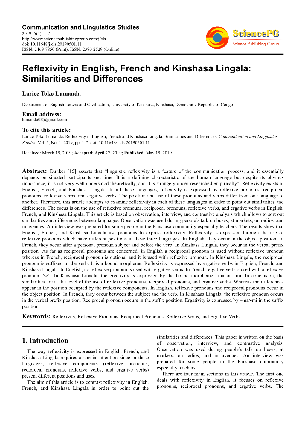 Reflexivity in English, French and Kinshasa Lingala: Similarities and Differences