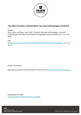 The Ablest Australian Anthropologists': Two Early Anthropologists and Oxford