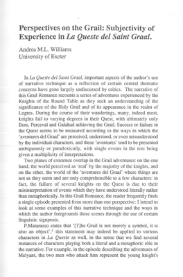 Perspectives on the Grail: Subjectivity of Experience in La Queste Del Saint Graal