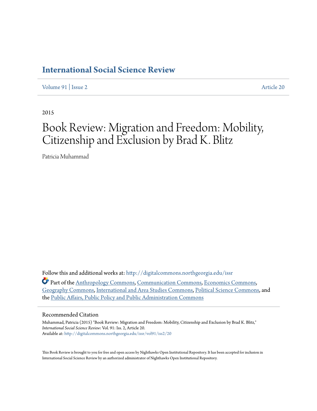 Book Review: Migration and Freedom: Mobility, Citizenship and Exclusion by Brad K. Blitz Patricia Muhammad