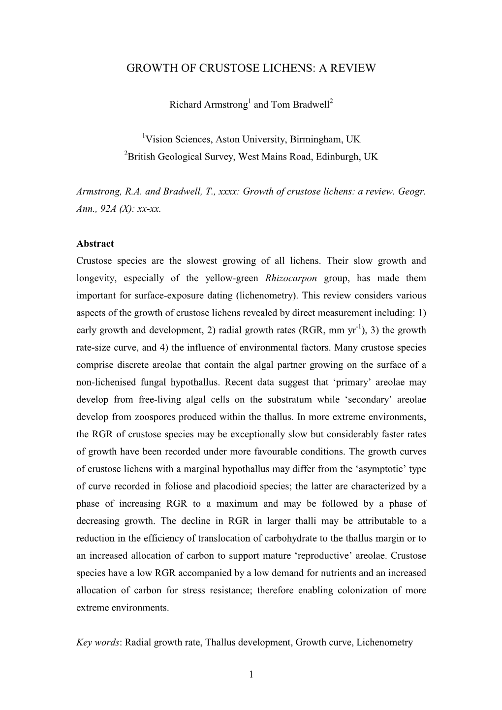 Growth of Crustose Lichens: a Review