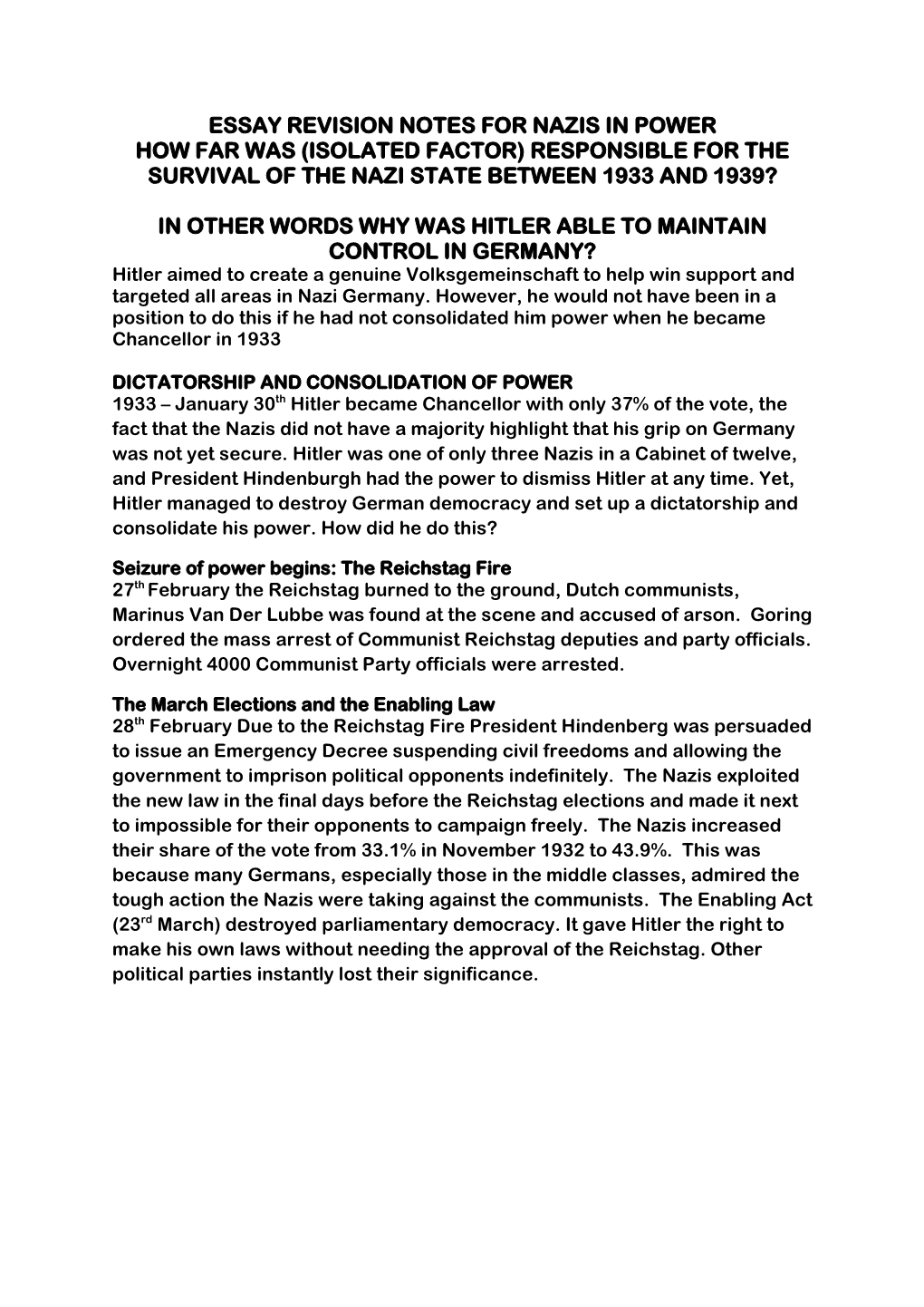 Essay Revision Notes for Nazis in Power How Far Was (Isolated Factor) Responsible for the Survival of the Nazi State Between 1933 and 1939?