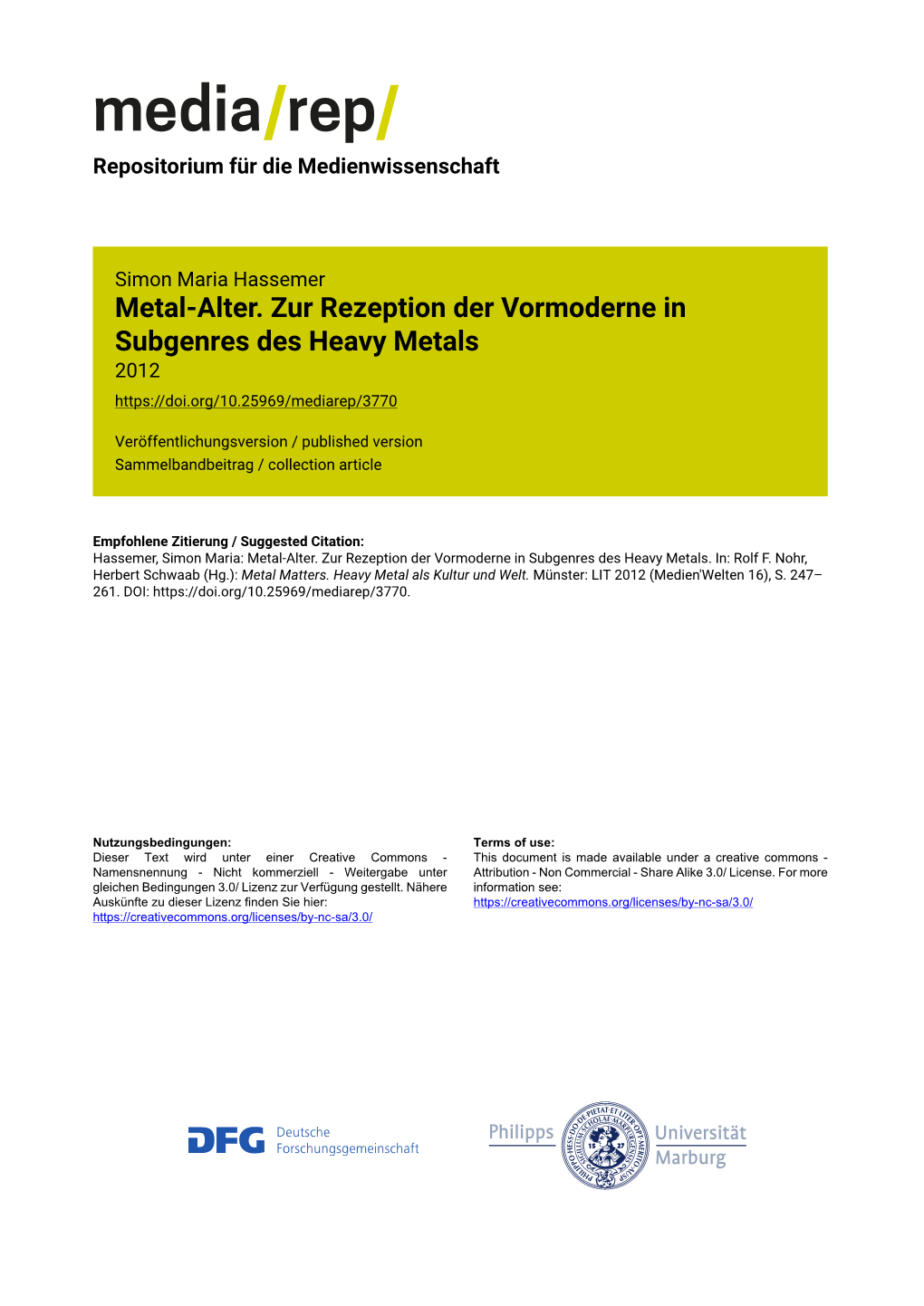 Metal-Alter. Zur Rezeption Der Vormoderne in Subgenres Des Heavy Metals 2012