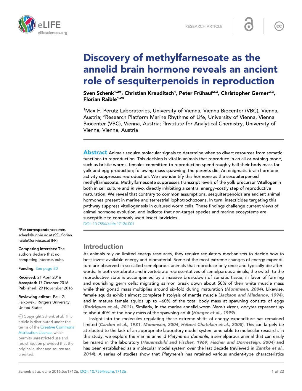 Discovery of Methylfarnesoate As the Annelid Brain Hormone Reveals An