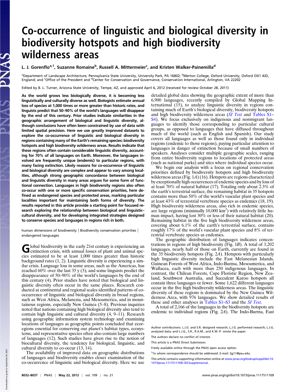 Co-Occurrence of Linguistic and Biological Diversity in Biodiversity Hotspots and High Biodiversity Wilderness Areas