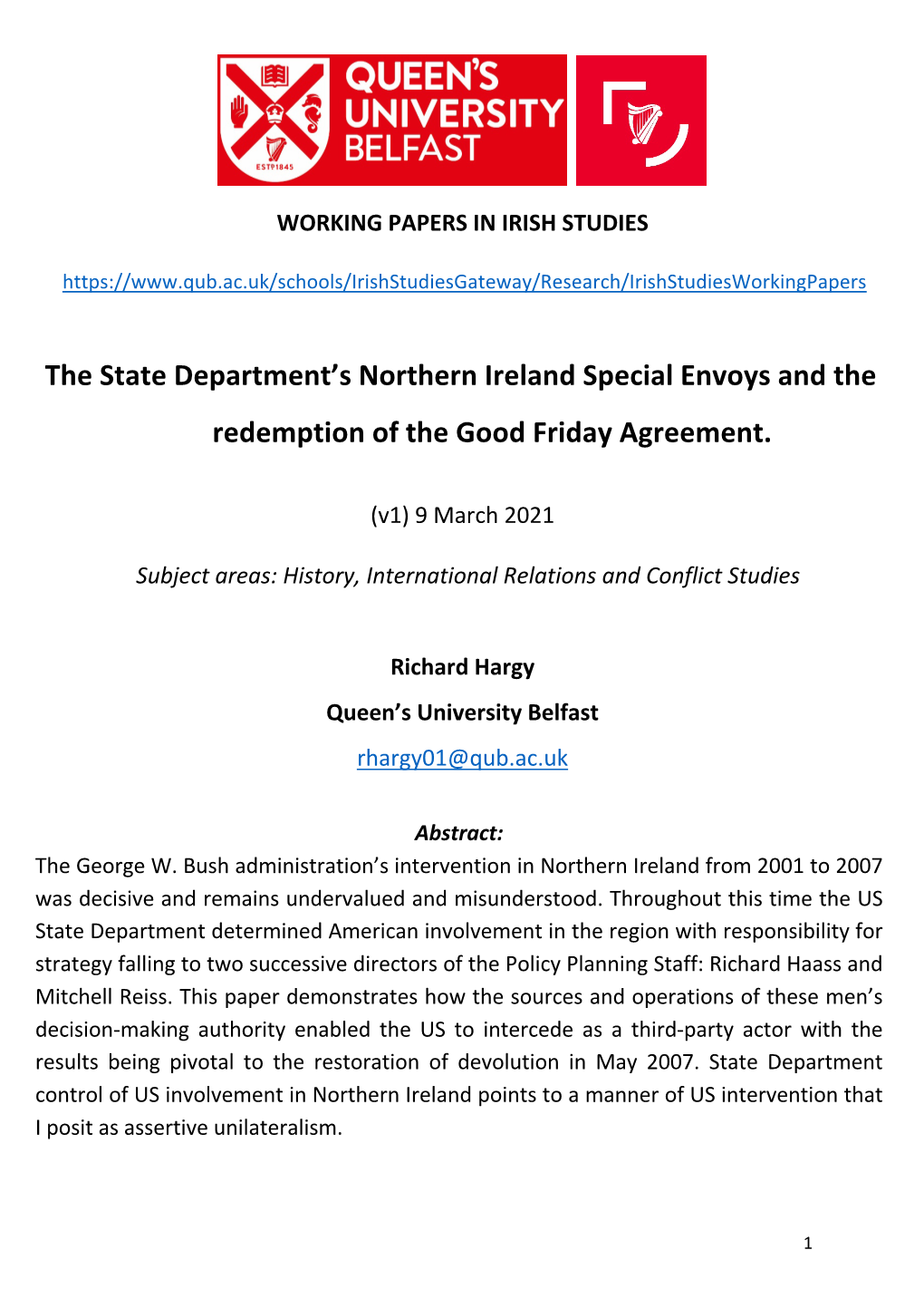 The State Department's Northern Ireland Special Envoys and The